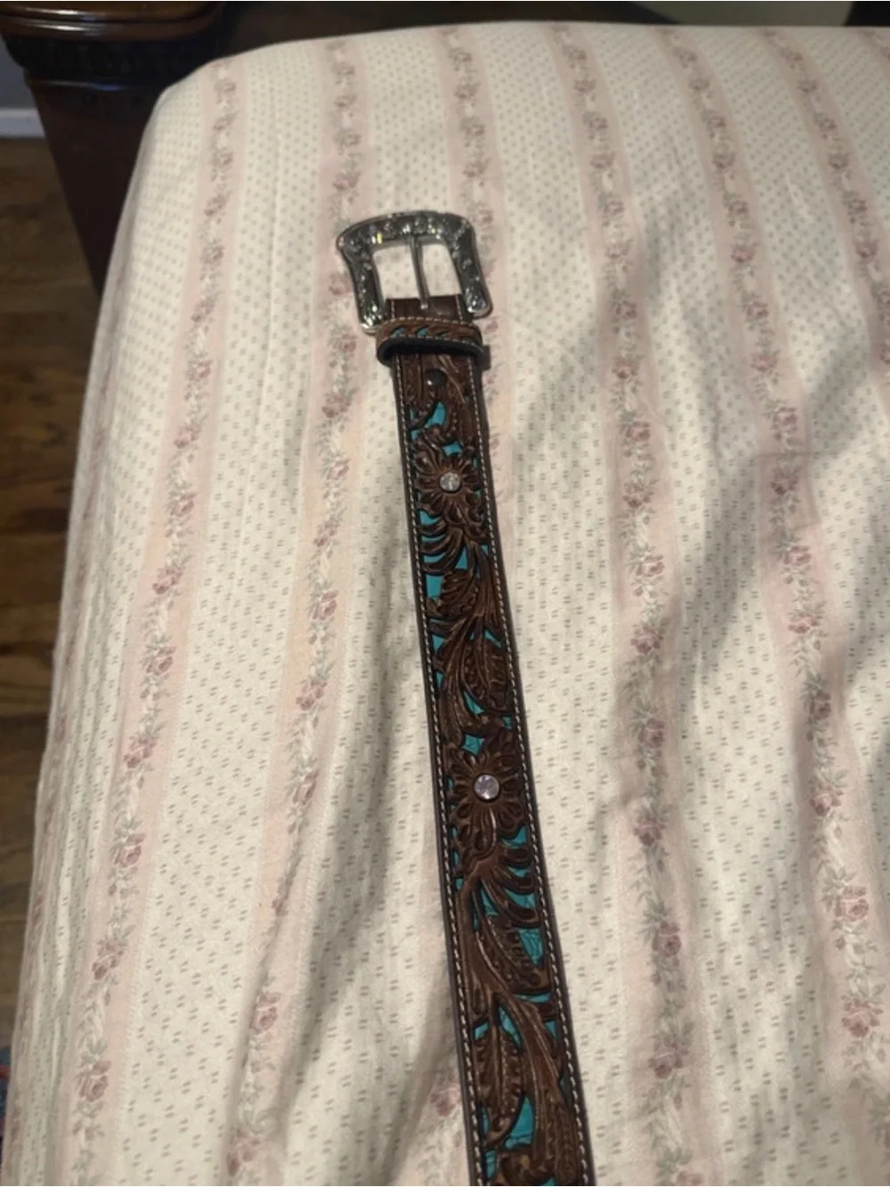 Ariat Brown Tooled Leather Belt with Turquoise Inlay and Silver Buckle